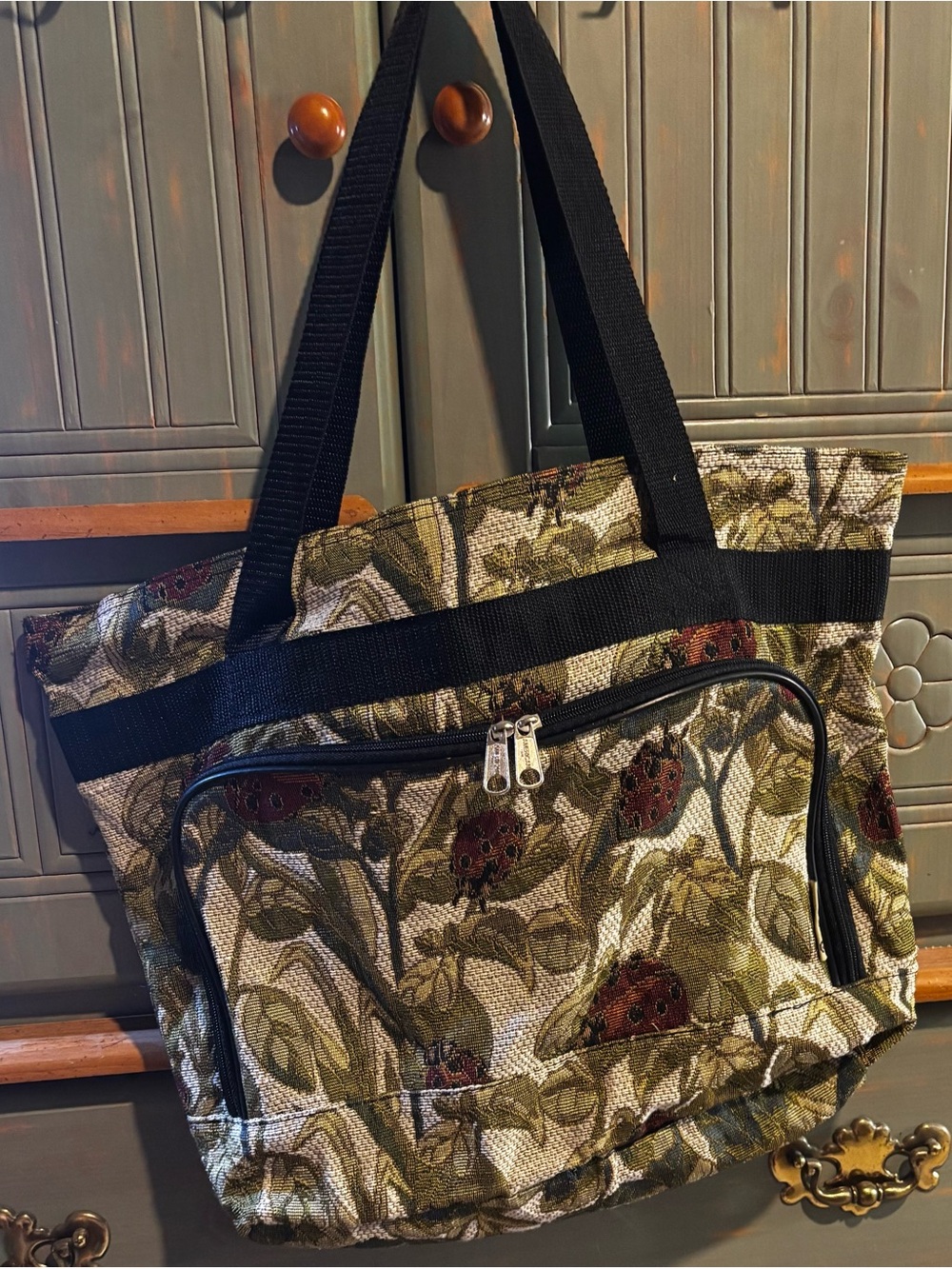 Vintage American Uni Bovano Floral Ladybug Tapestry Tote Bag (as is)